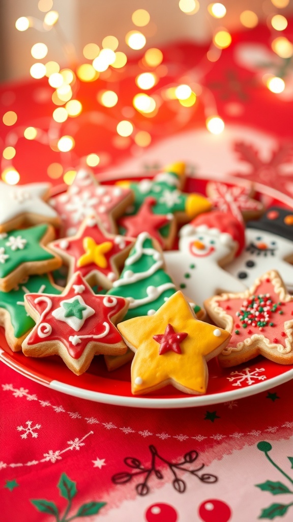 A plate of decorated Christmas cookies in festive shapes like stars and trees, surrounded by holiday decorations.